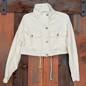 Miss Love Cropped Utility Jacket Womens Small White Button Zip Front Crop